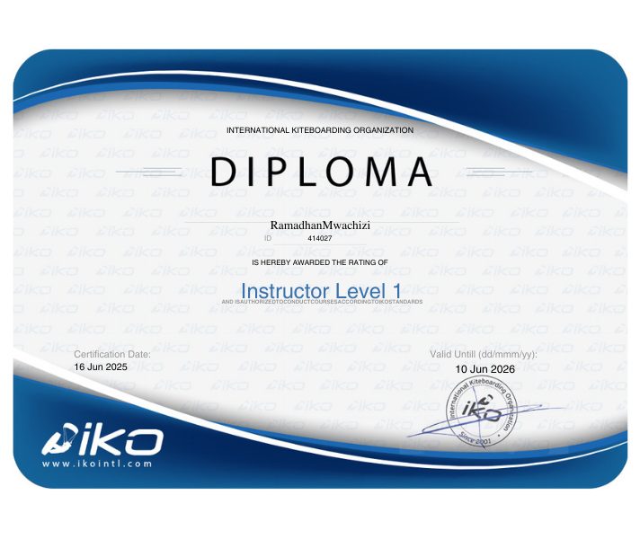 IKO Instructor Level 1 certificate — Zonjee, Tribal Kite School