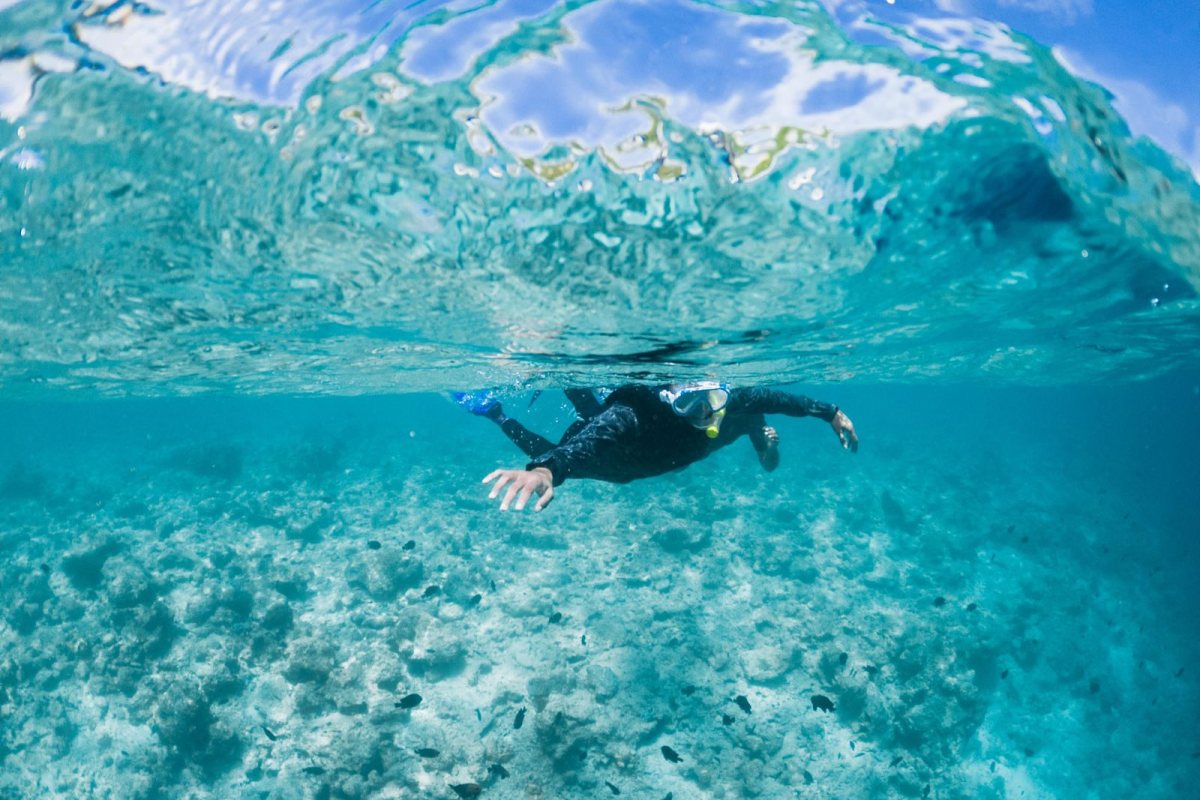 Snorkeler swimming through bright azure water under a small wave